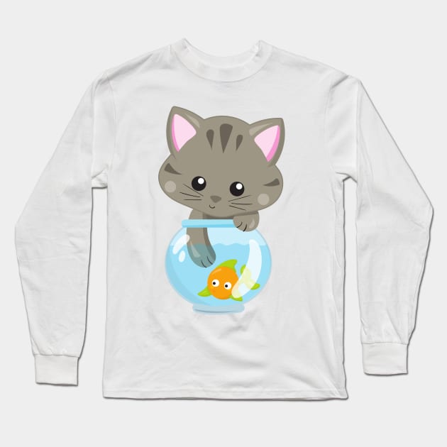 Cute Cat, Little Cat, Kitty, Kitten, Fish Bowl Long Sleeve T-Shirt by Jelena Dunčević